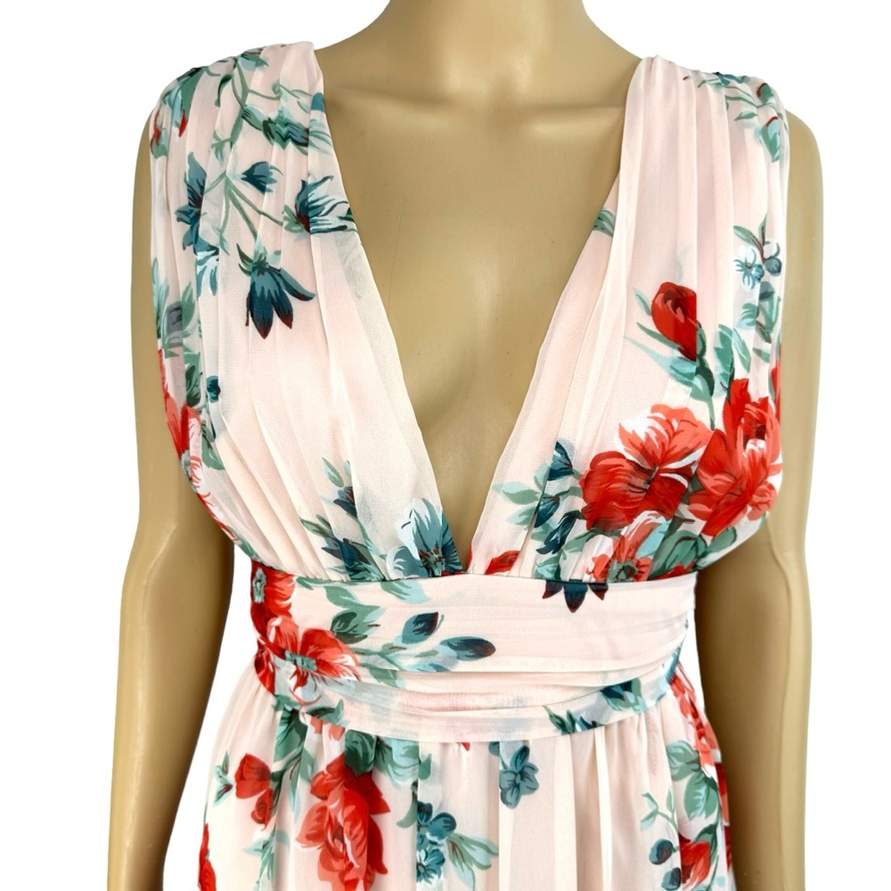 Lulus Blush Floral Print Maxi Dress L Low Cut Garden Meandering Pink Red